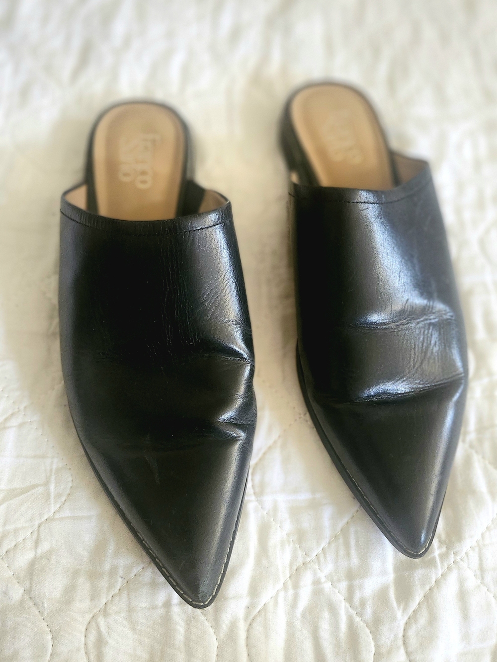 Franco Sarto Black Pointed Toe Leather Slip-On Mules